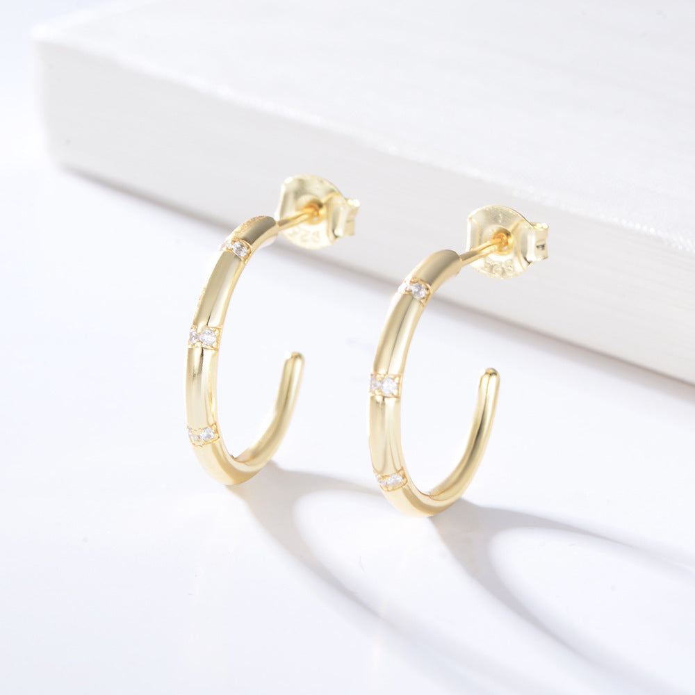 C-shaped with Zircon Silver Studs Earrings for Women