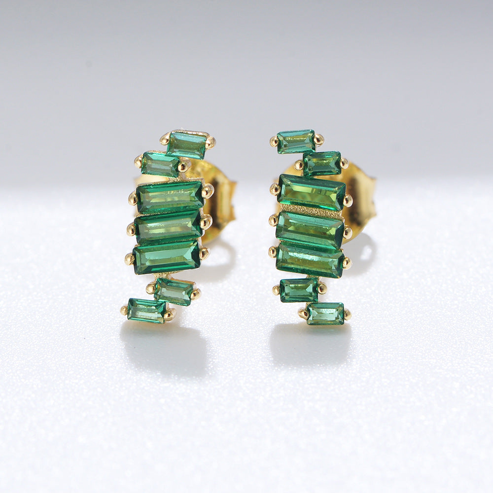 Irregular Arrangement Rectangular Green Zircon Silver Studs Earrings for Women