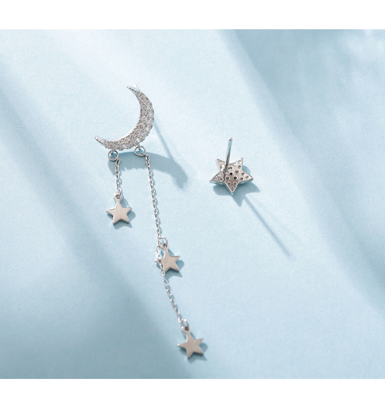 Zircon Star Moon Tassels Asymmetric Silver Drop Earrings for Women