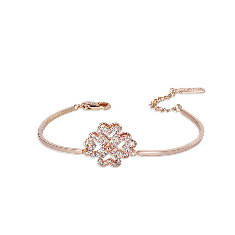 Rotatable Zircon Four-leaf Clover Silver Bracelet for Women