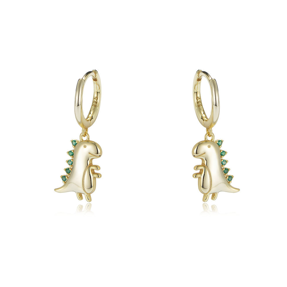 Small Dinosaur with Green Zircon Silver Hoop Earrings for Women