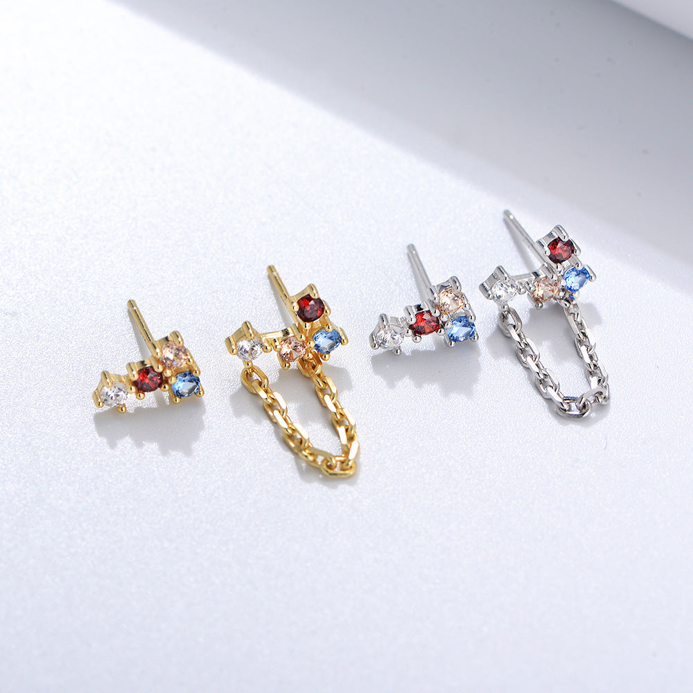 Asymmetric Colourful Zircon Chain Silver Studs Earrings for Women