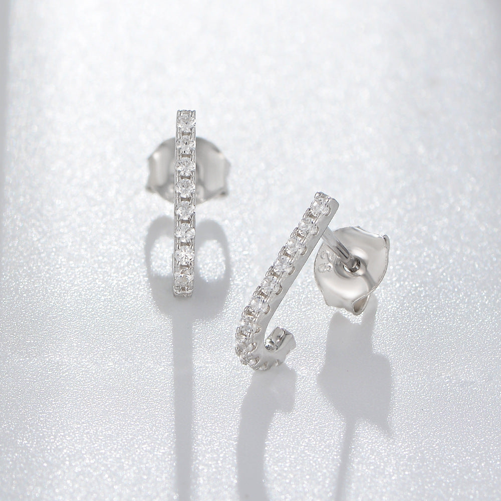 Zircon J-shape Silver Studs Earrings for Women