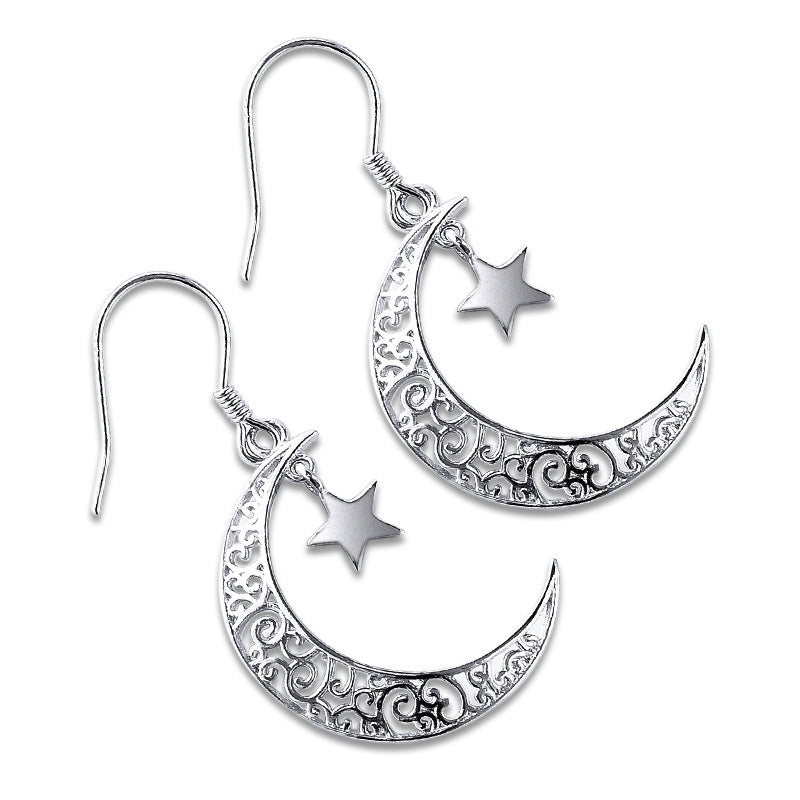 Totem Pattern Moon with Star Pendant Silver Hook Earrings for Women