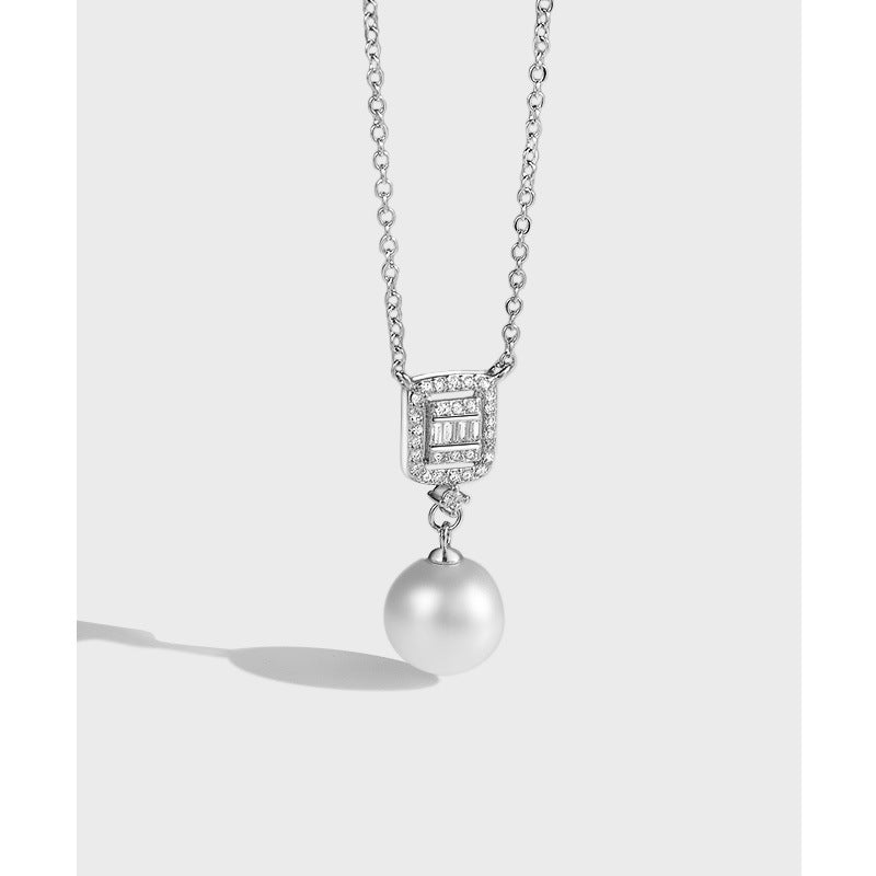 Baroque Pearl with Zircon Square Pendant Silver Necklace for Women