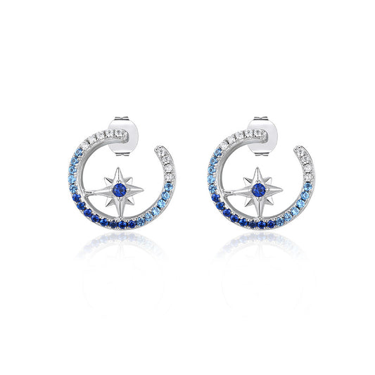 Blue Zircon Octagonal Star C-shape Silver Studs Earrings for Women