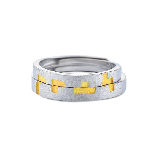 Yellow Tetris Brushed Silver Couple Ring