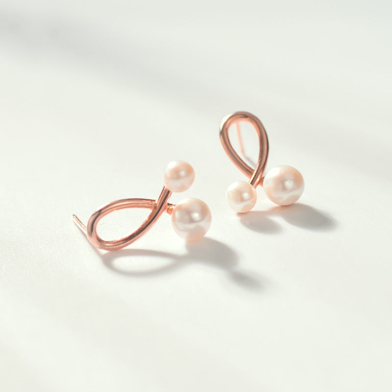 Rose Gold Colour Cross-line with Freshwater Pearl Silver Stud Earrings for Women