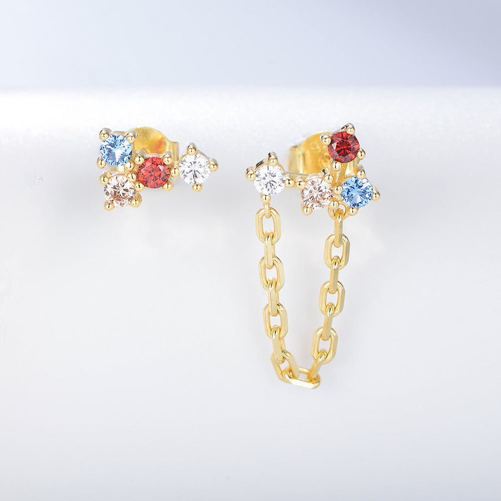 Asymmetric Colourful Zircon Chain Silver Studs Earrings for Women