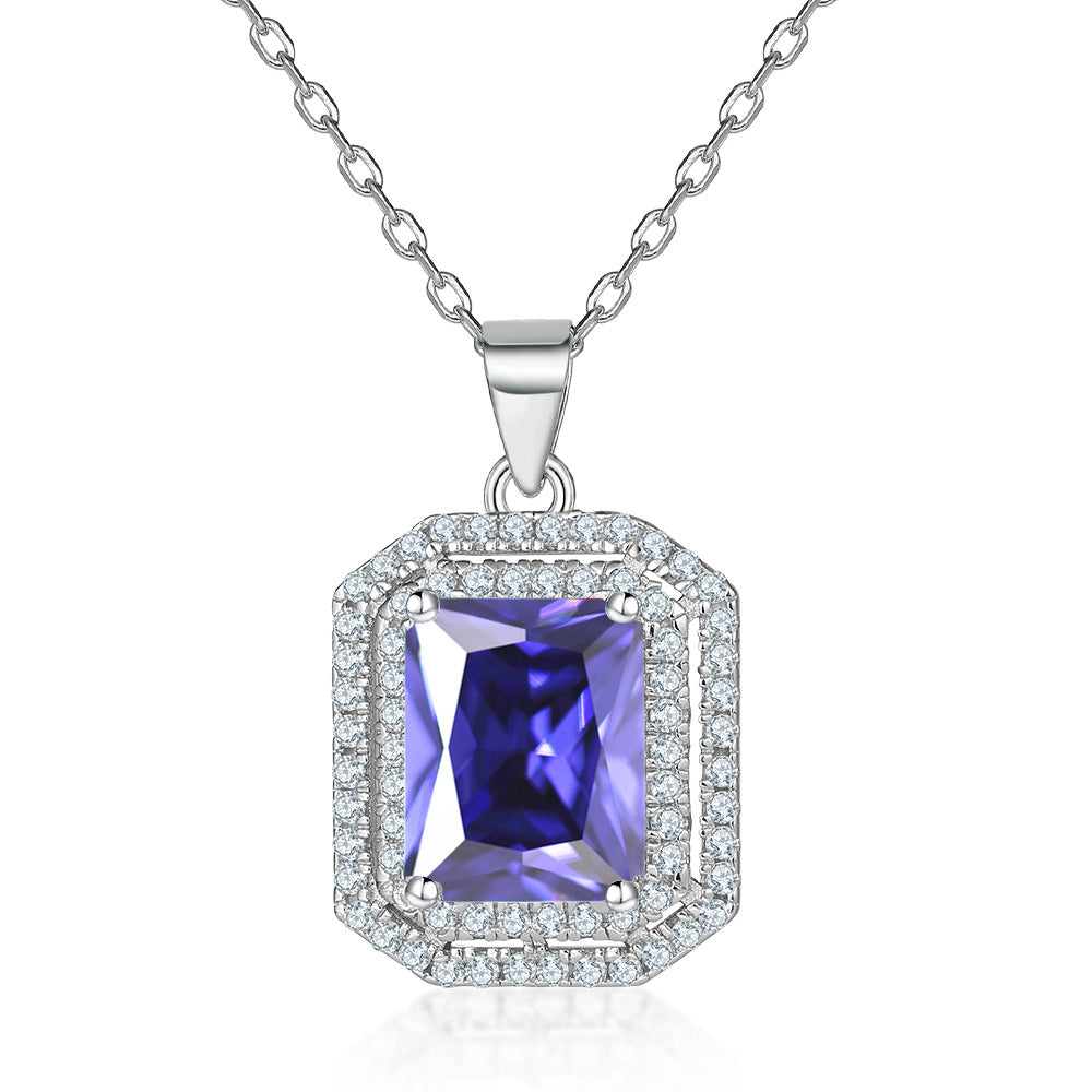 Rectangular Zircon Soleste Halo Pendant Silver Necklace for Women