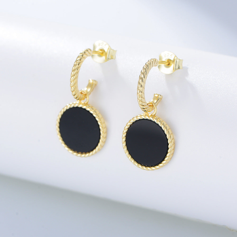 Round Black Agate Silver Drop Earrings for Women