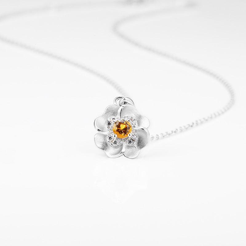 Flower with Zircon Pendant Silver Necklace for Women