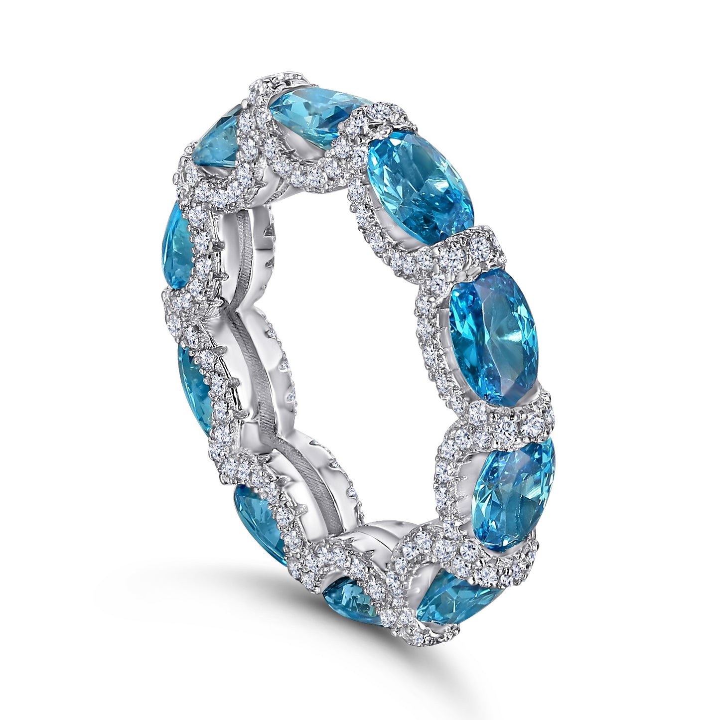 Full Circle Ice Cut Oval Blue Zircon Silver Ring for Women