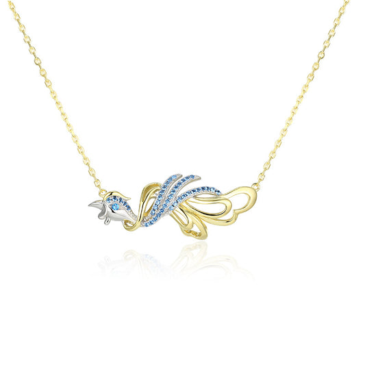 Blue Zircon Phoenix Pendant Silver Necklace for Women