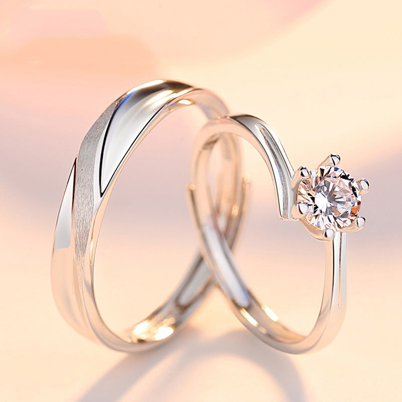 Twill with Round Zircon Silver Couple Ring