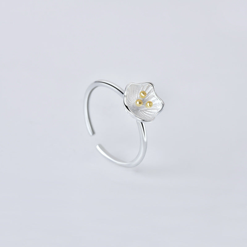 Flower with Gold Colour Stamen Silver Ring for Women