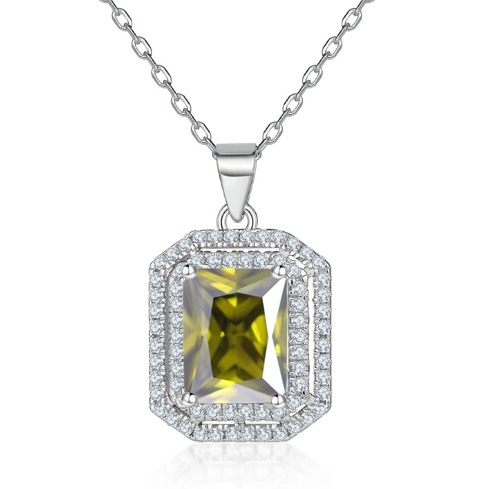 Rectangular Zircon Soleste Halo Pendant Silver Necklace for Women