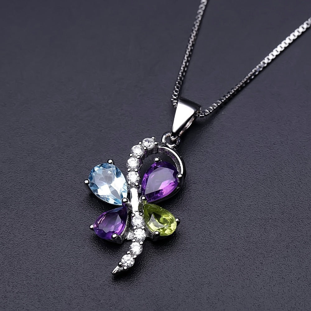 Luxury Design Inlaid Natural Colourful Gemstone Creative Four-leaf Clover Pendant Silver Necklace for Women