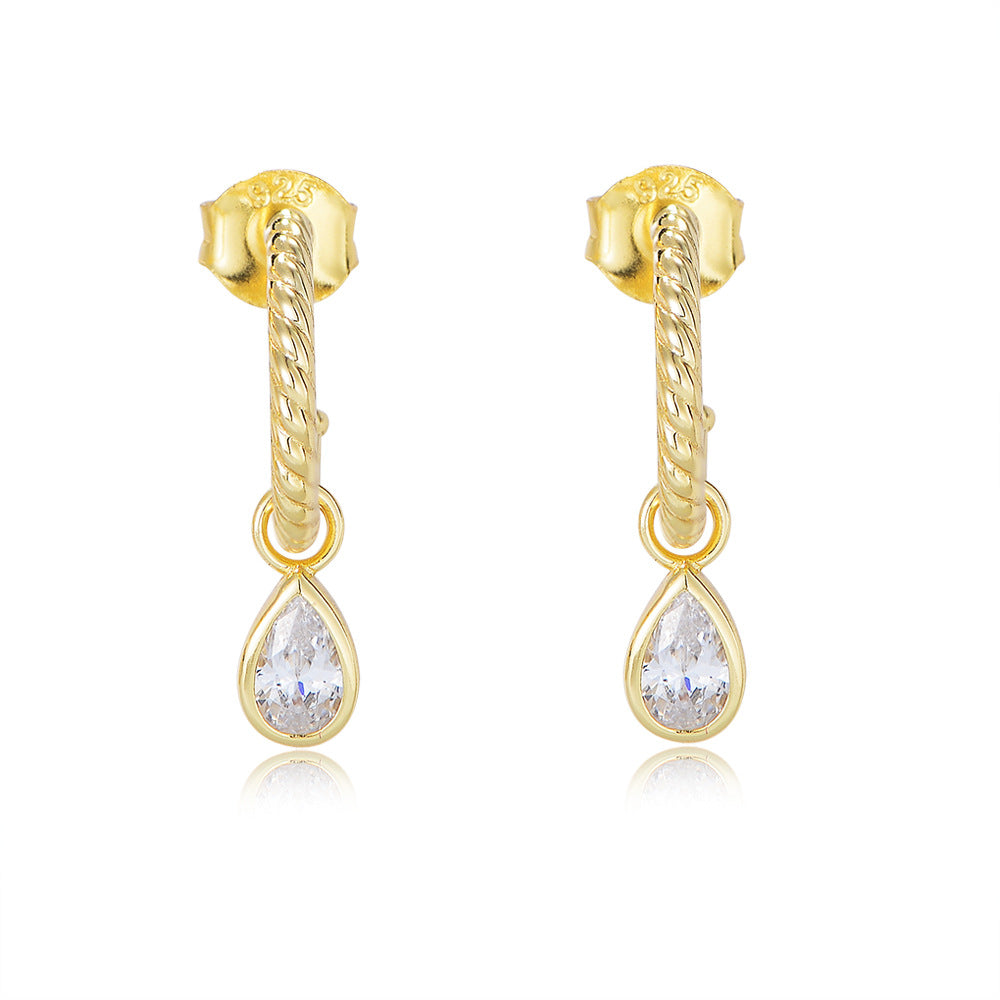 Water Drop Zircon C-shaped Silver Drop Earrings for Women