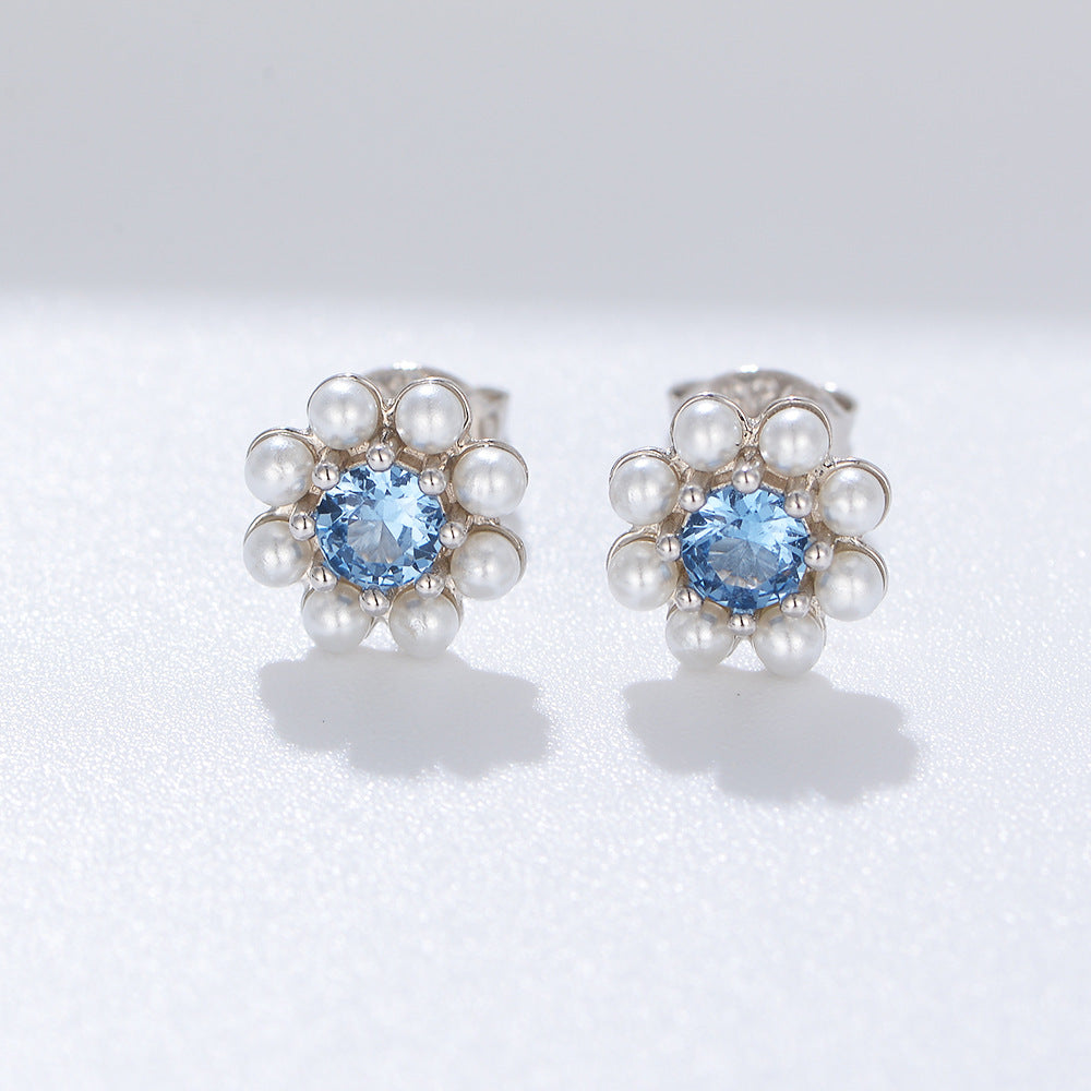 Blue Zircon with Pearl Flower Silver Studs Earrings for Women