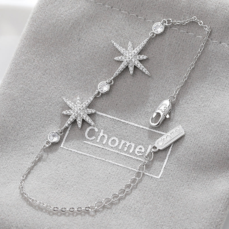 Two Zircon Octagonal Stars Silver Bracelet for Women