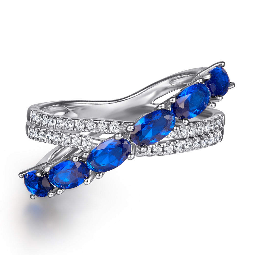 Blue Oval Zircon X-shape Silver Ring for Women