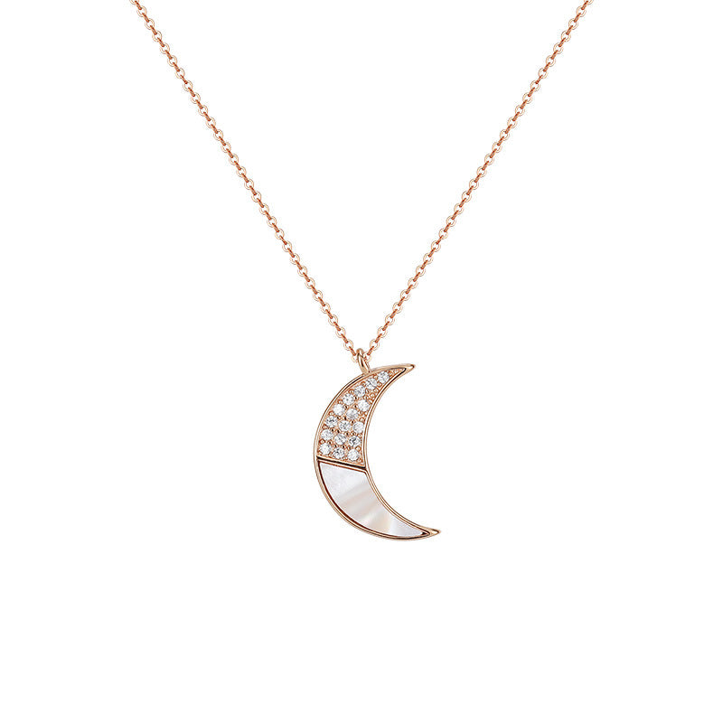 Mother of Pearl with Zircon Moon Pendant Silver Necklace for Women