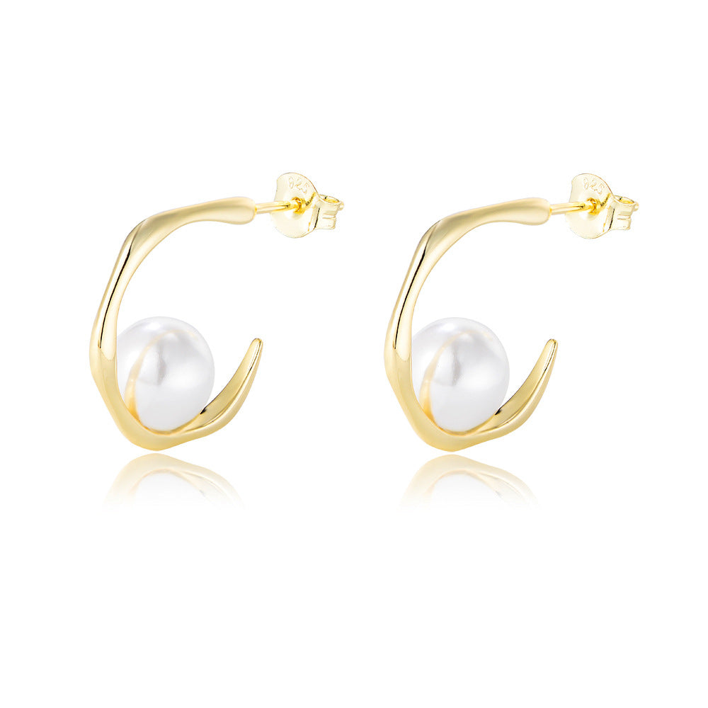 Single Pearl Geometric C-shaped Silver Studs Earrings for Women