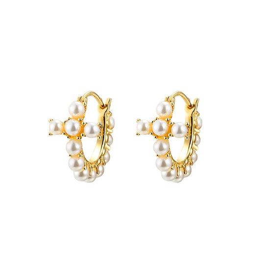 Cross with Pearl Silver Hoop Earrings for Women