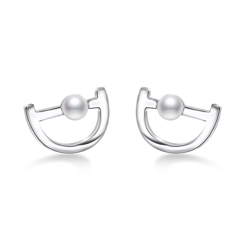 Letter D with Freshwater Pearl Silver Stud Earrings for Women