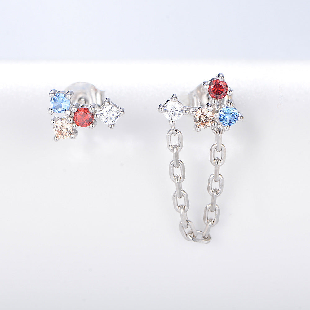 Asymmetric Colourful Zircon Chain Silver Studs Earrings for Women