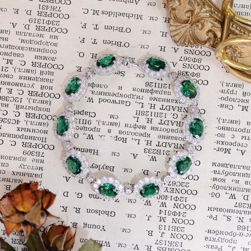 Lab-Created Emerald 6*8mm Oval Ice Cut Soleste Halo Beading Bracelet for Women