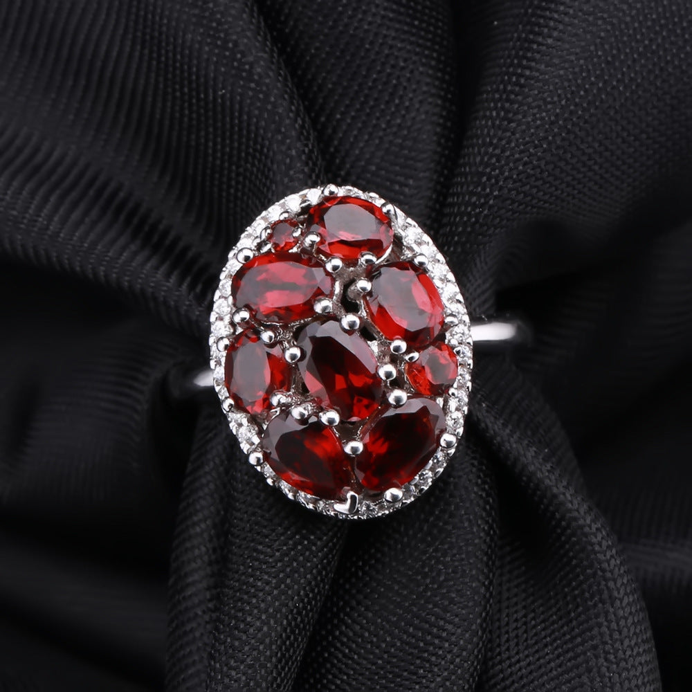 Fashion Luxury Group Inlaid Natural Gemstones Oval Shape Silver Ring for Women