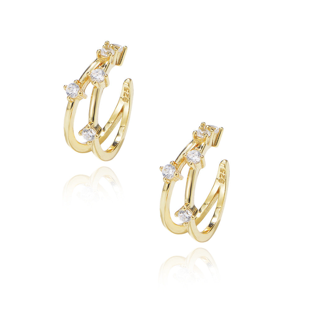 Double C-shape with Zircon Silver Earbone Clip Earrings for Women