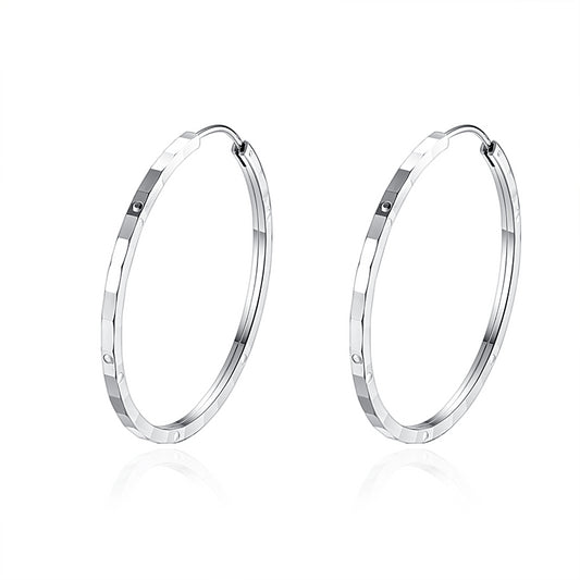 Concave-convex Rectangle Pattern Big Silver Hoop Earrings for Women