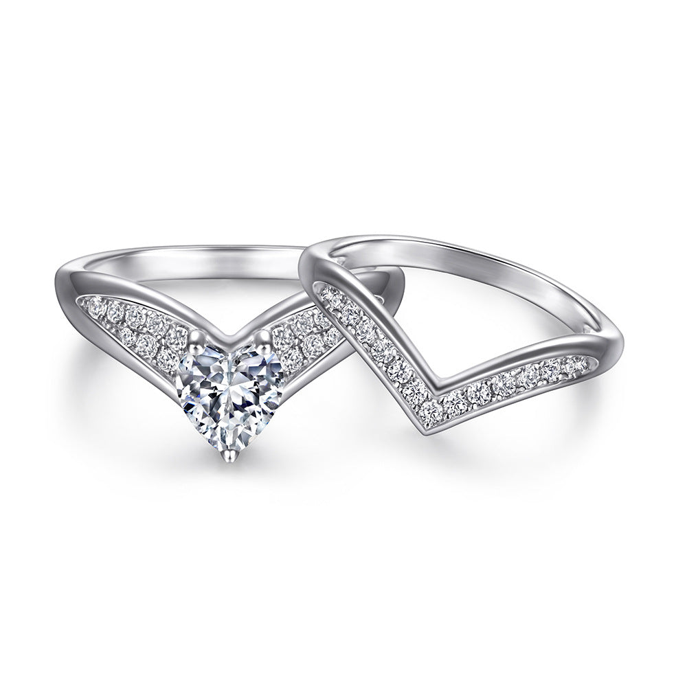 Heart-shaped Zircon V-shape Silver Ring Set for Women