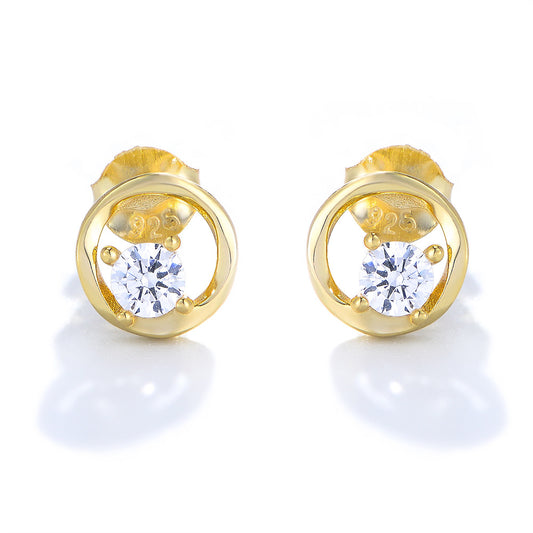 Geometric Hollow Circle with Round Zircon Silver Studs Earrings for Women