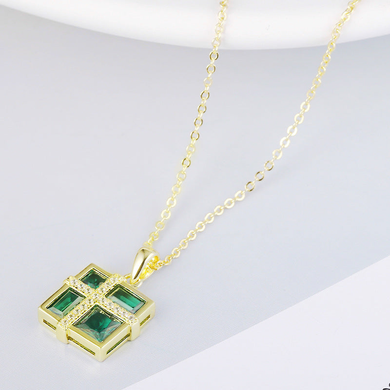 Green Zircon Square Pendant Silver Necklace for Women