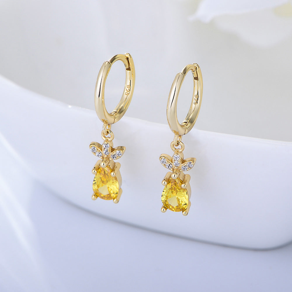 Pineapple Zircon Pendant Silver Hoop Earrings for Women