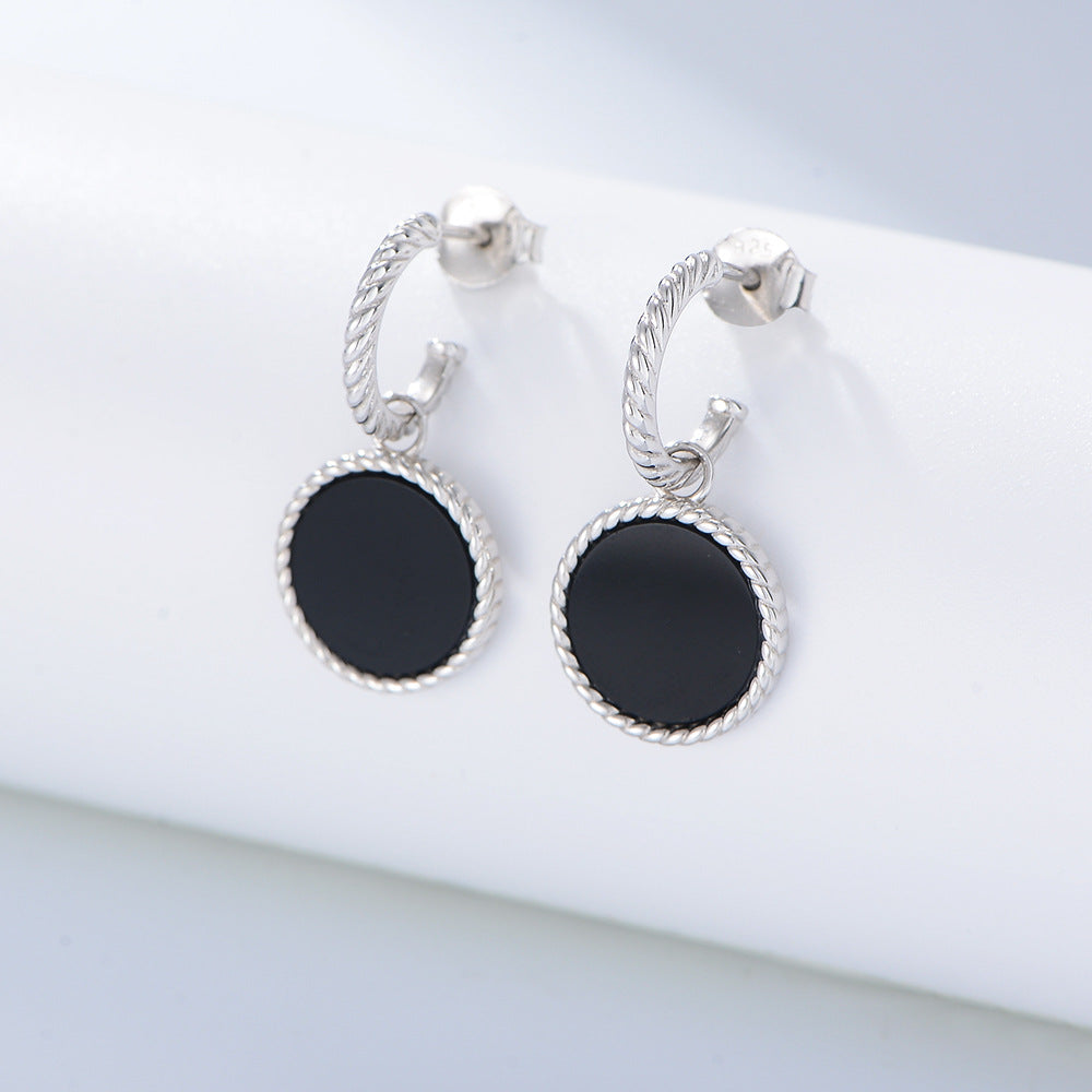 Round Black Agate Silver Drop Earrings for Women