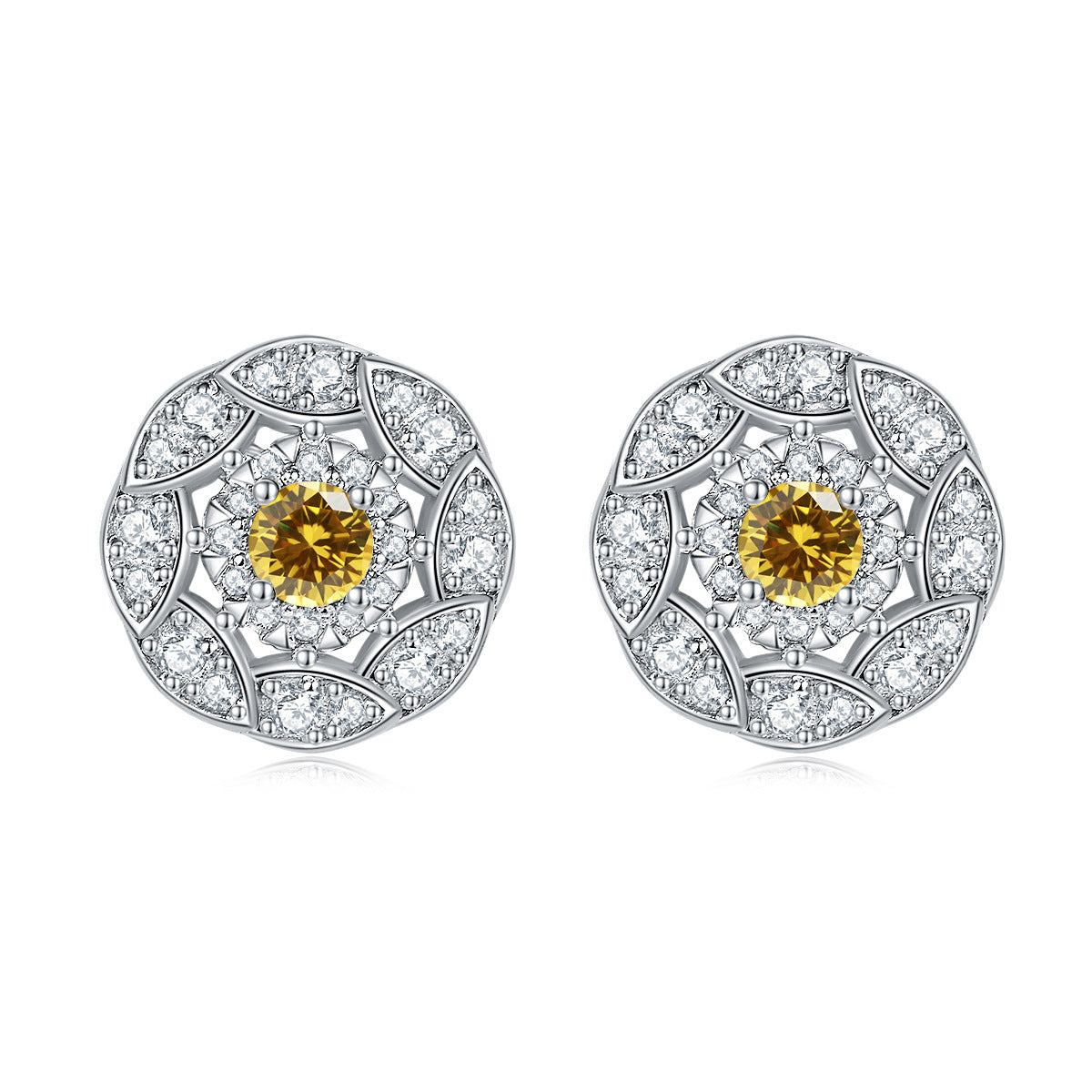 Round Zircon Soleste Halo Flower Silver Studs Earrings for Women