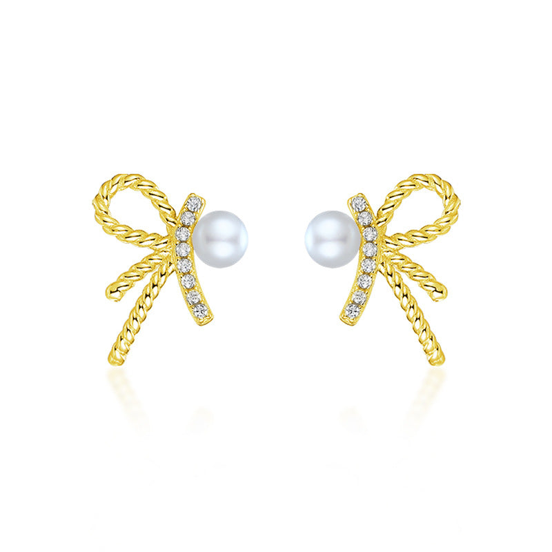 Zircon Bow with Pearl Silver Studs Earrings for Women