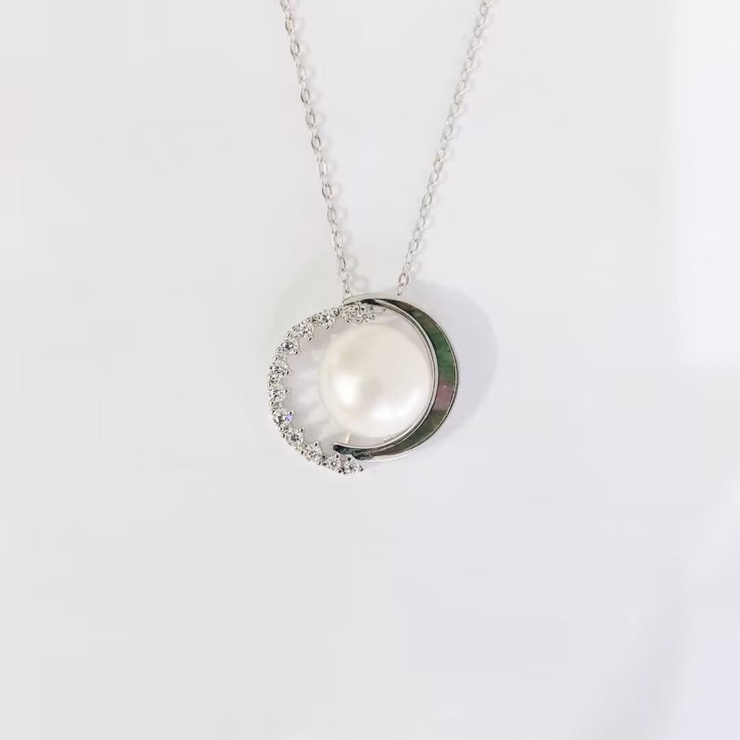 Natural Freshwater Pearl Double Half Circle Pendant Silver Necklace for Women