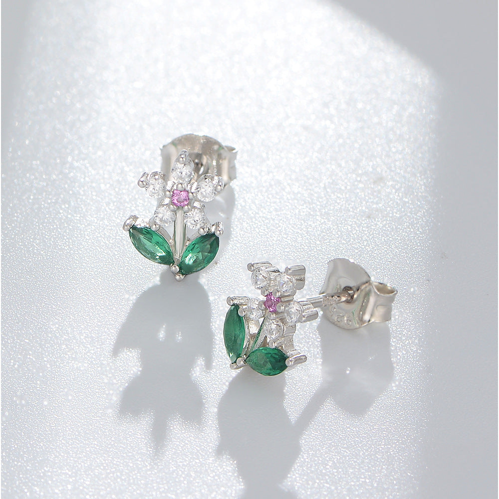 Colourful Zircon Small Flower Silver Studs Earrings for Women