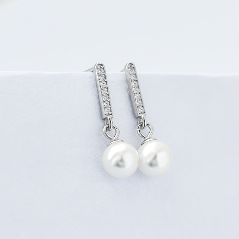 Freshwater Pearl with Zircon Short Strip Silver Drop Earrings for Women