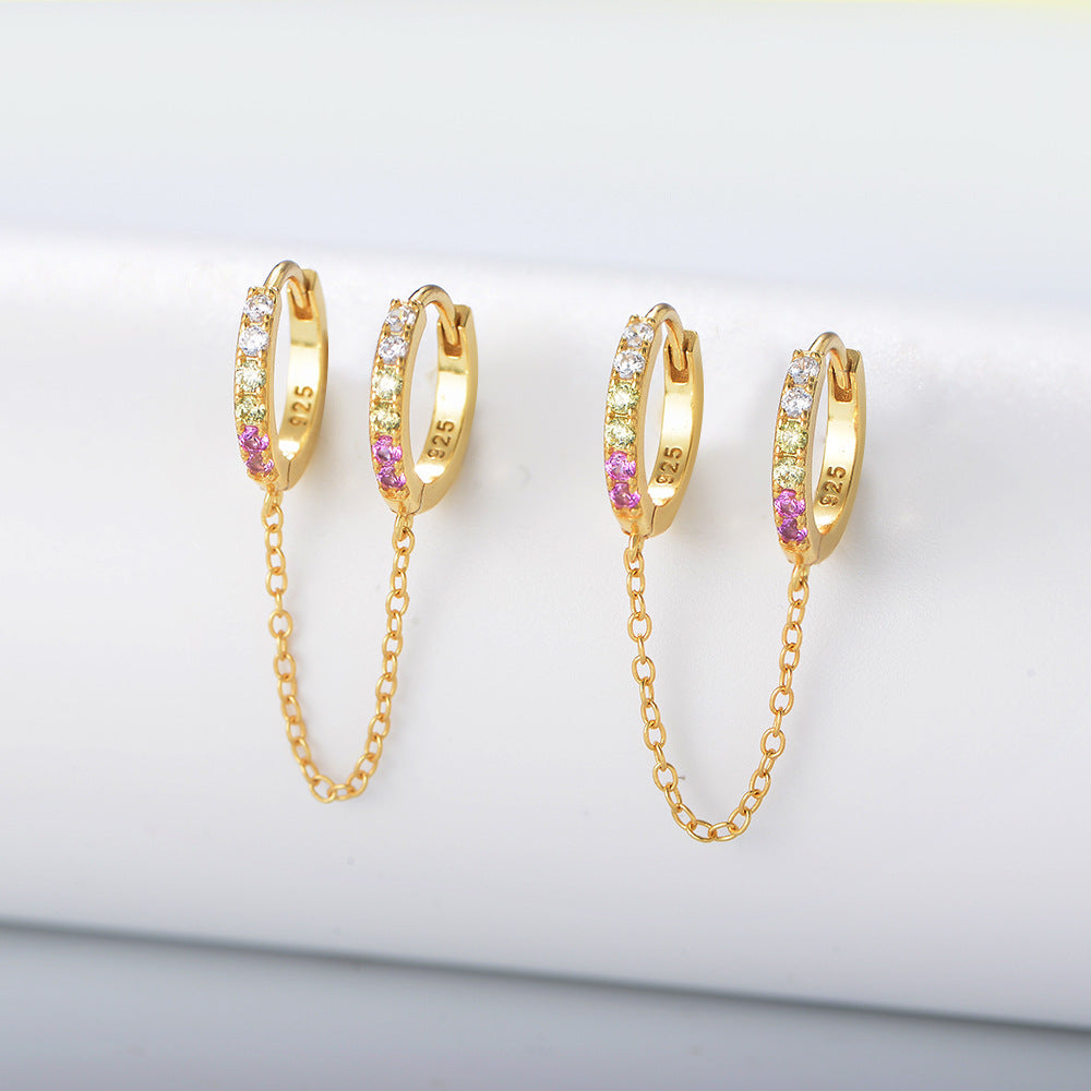 Zircon Double Ear Hole Round Buckle Silver Chain Earring for Women