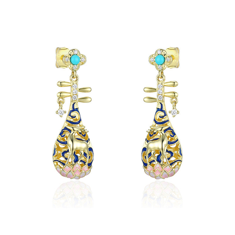 Deer Pipa with Turquoise and Zircon Silver Drop Earrings for Women