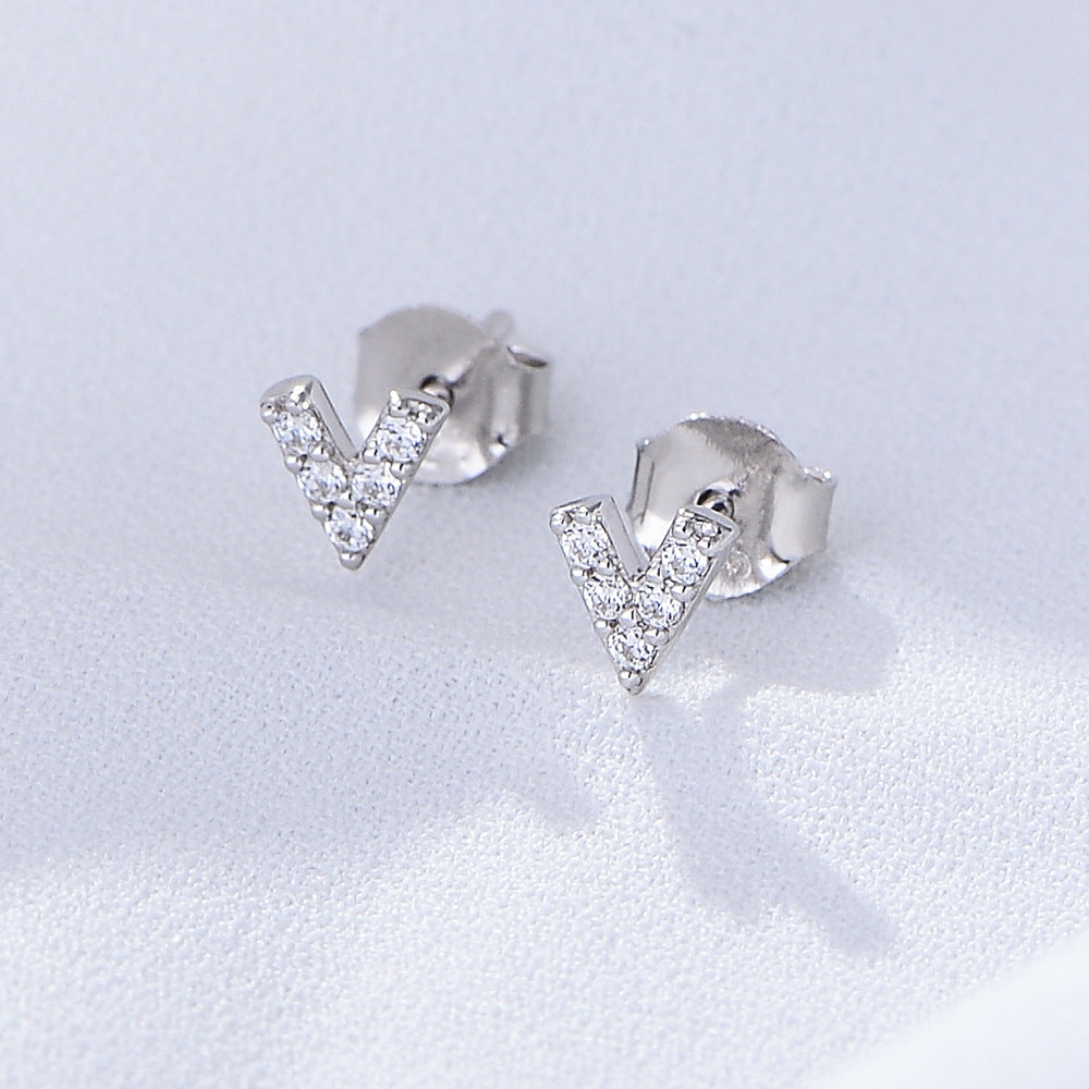 V Letter Zircon Silver Studs Earrings for Women