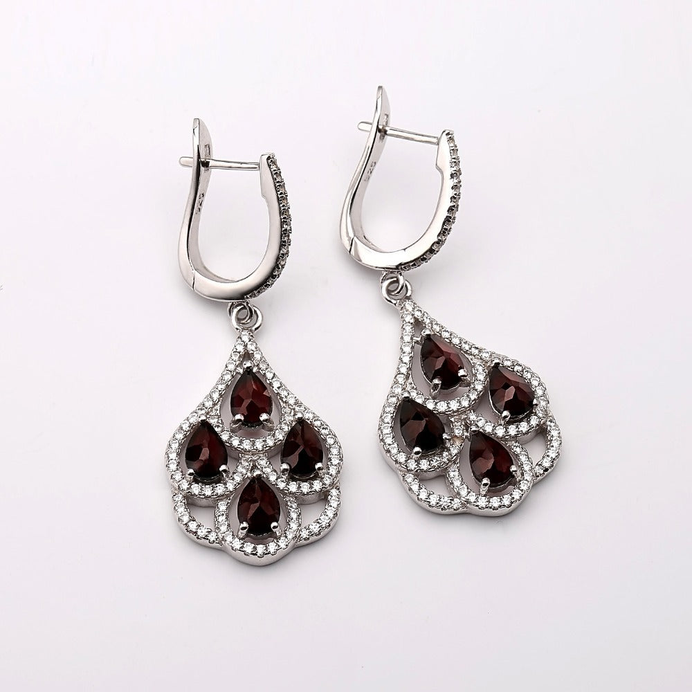 Natural Garnet Luxury Pear Drop Silver Drop Earrings for Women