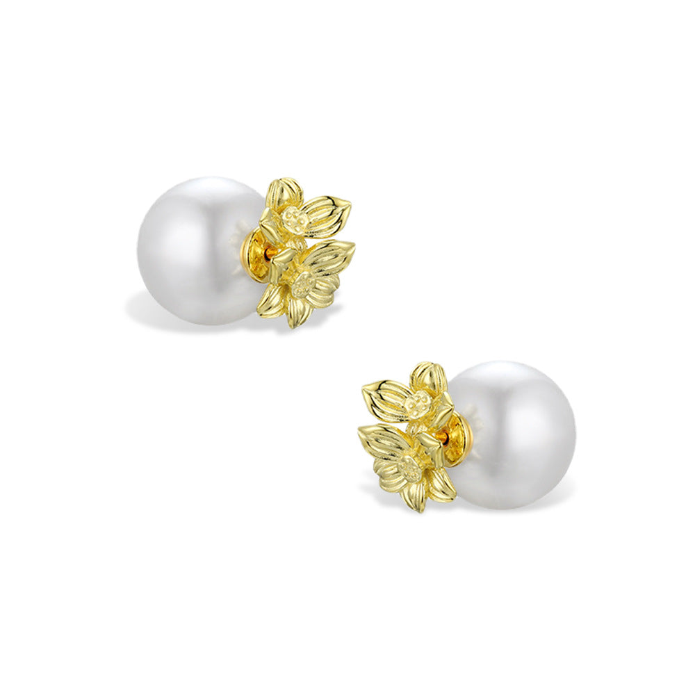 Pearl with Flower Silver Studs Earrings for Women